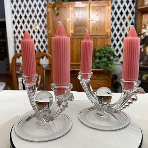 Glass Double Arm Candelabra Set 2 Clear Excellent Beaded Ball Center